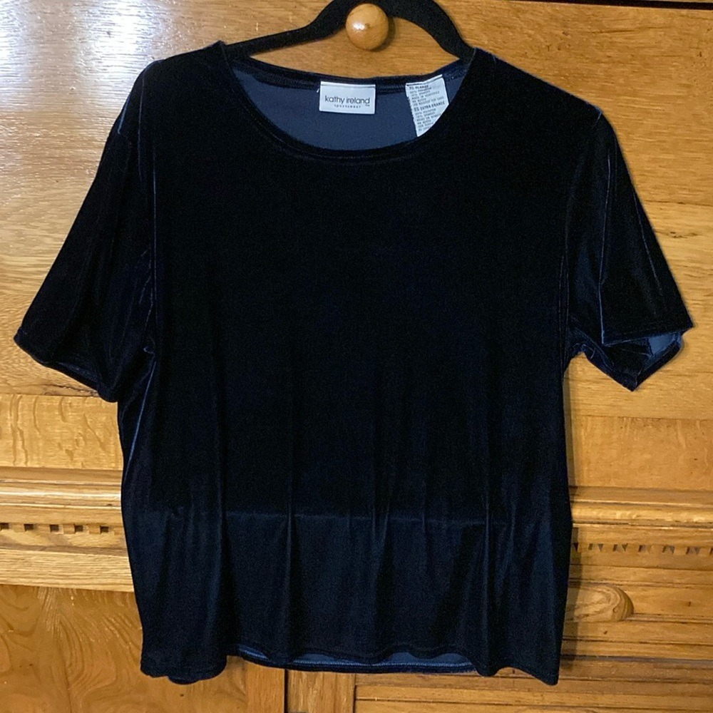 Kathy Ireland Sportswear Navy Blue Velvet Short Sleeve Top XL Stretch Crew Neck